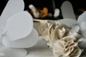 Detail of scrunched fabric and large oval Dura-lar sculptures